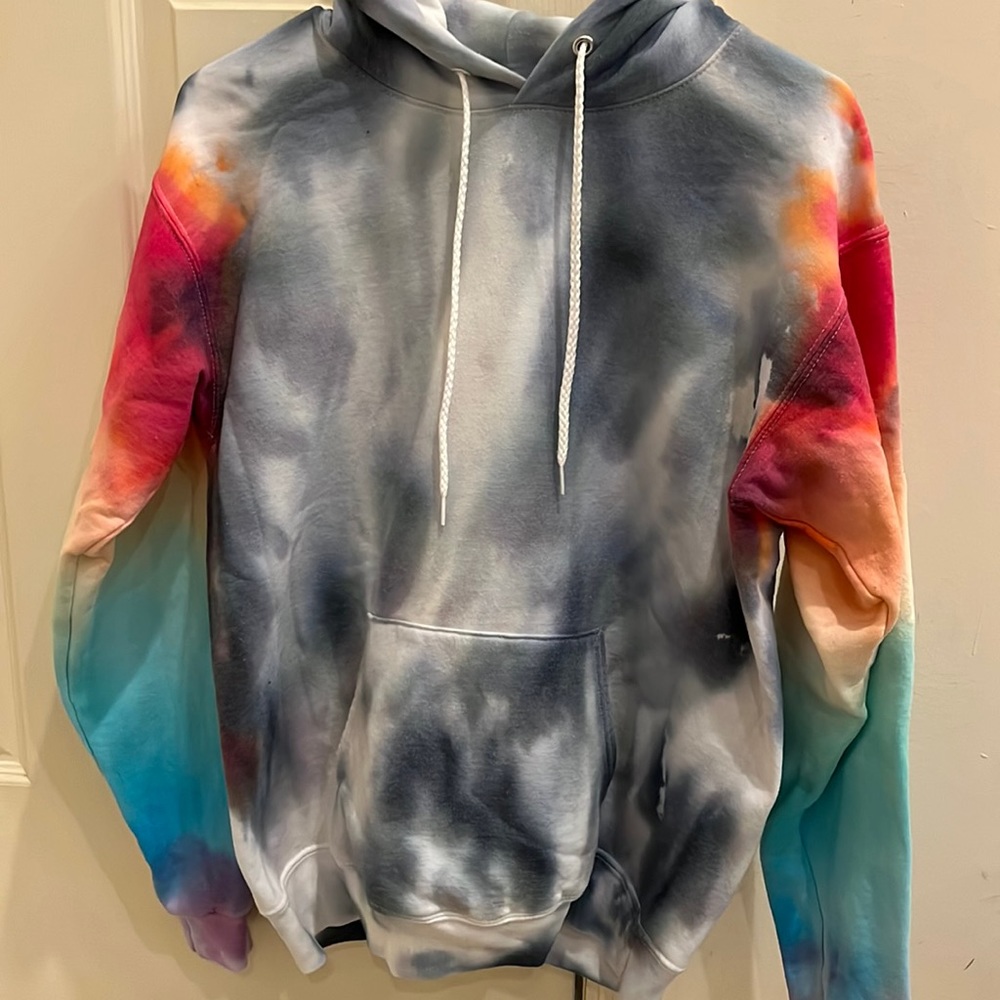 Multi color hooded tye dye sweatshirt. Size small